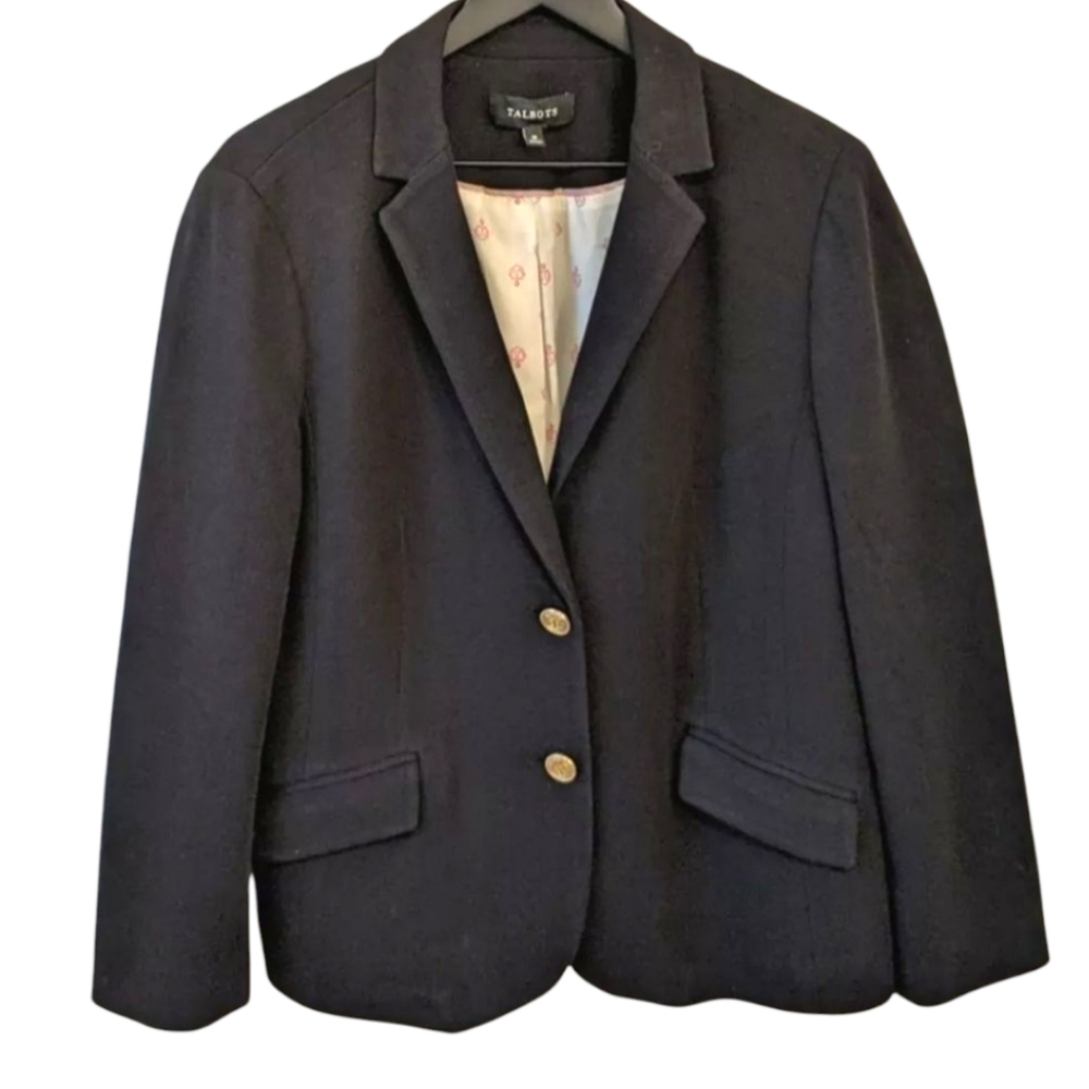 Talbots Dark Navy Knit Nautical Two Button Blazer With Cotton Lining Siz…